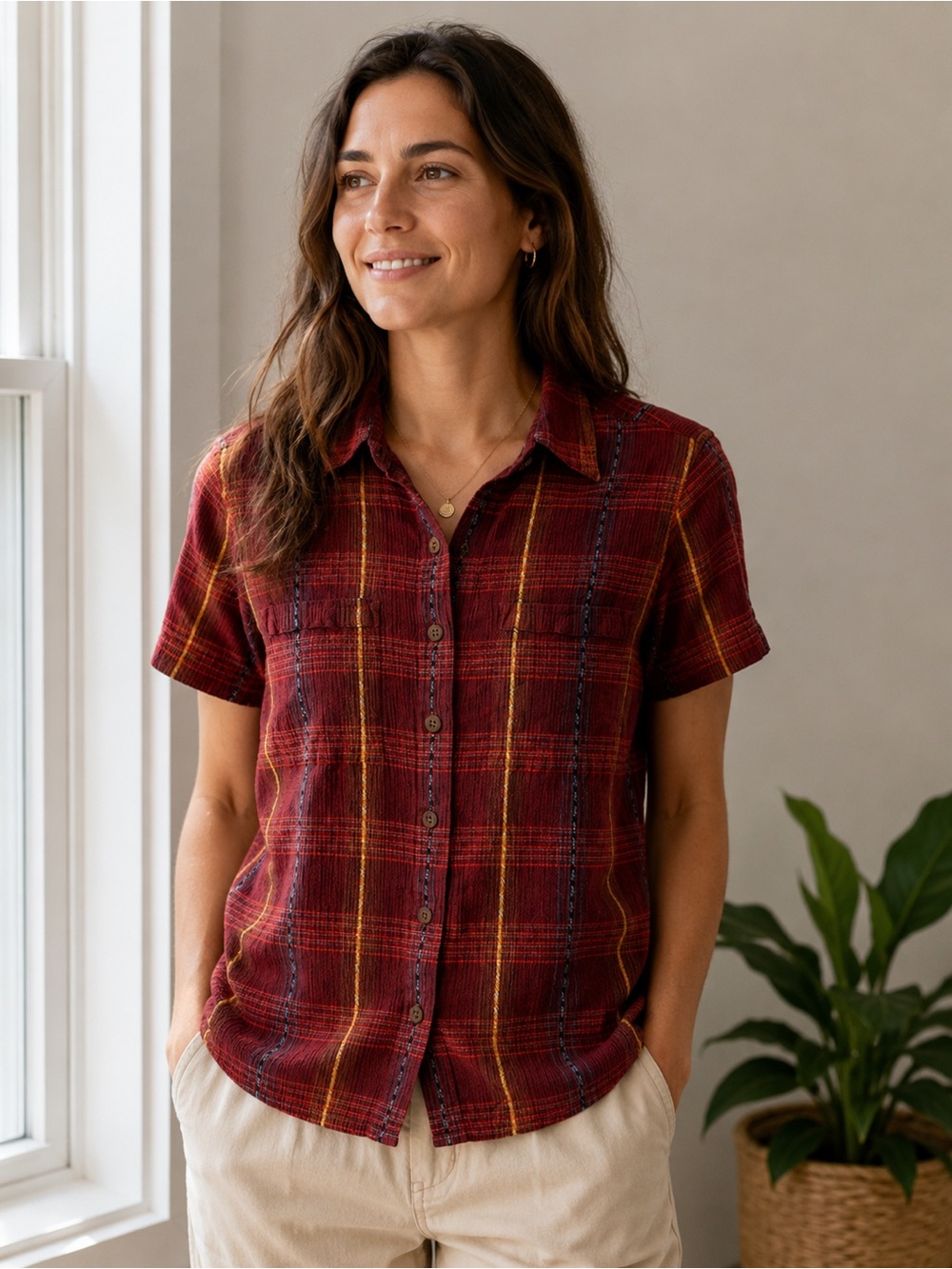 Patagonia Organic Cotton Plaid Button Up Shirt Womens Medium Red Short Sleeve
